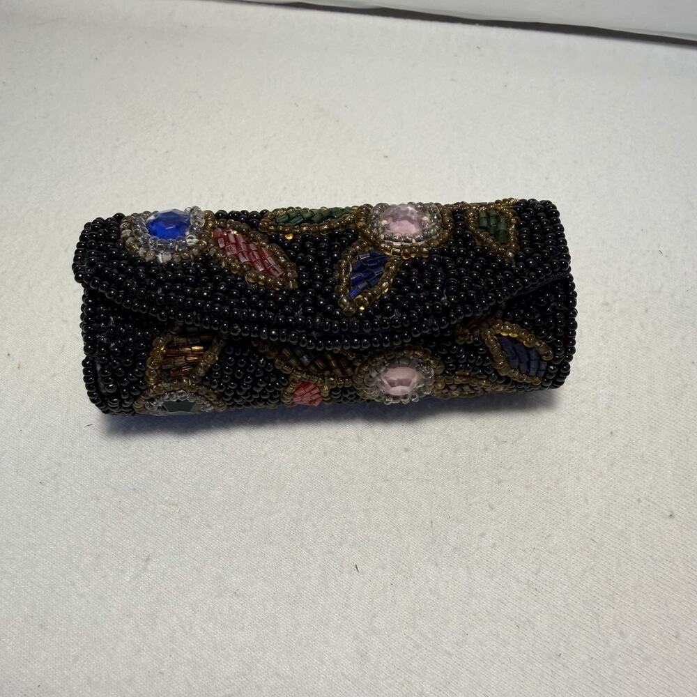 vtg Beaded Lipstick Case Holder floral rhinestone crystal Mirror Snap black